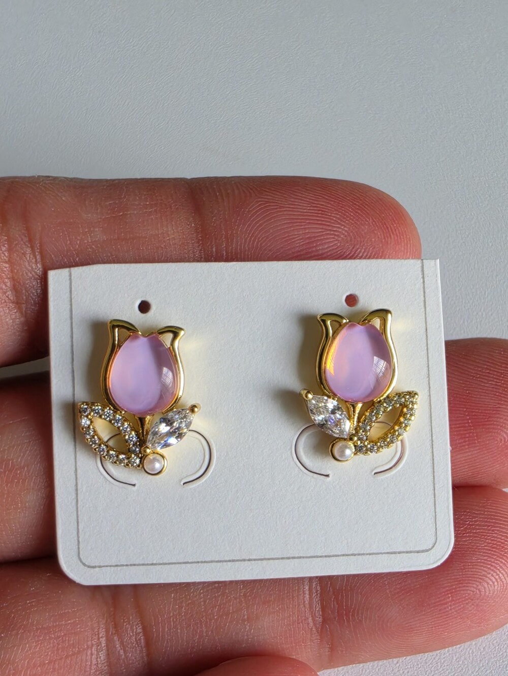 🌷 Pink Tulip Flower Earrings Gold Plated CZ Crystal Pearl Elegant Gift